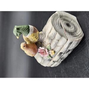 Vintage Japan Quail Trinket Box #41367 Hand-Painted Ceramic Floral Tree Stump